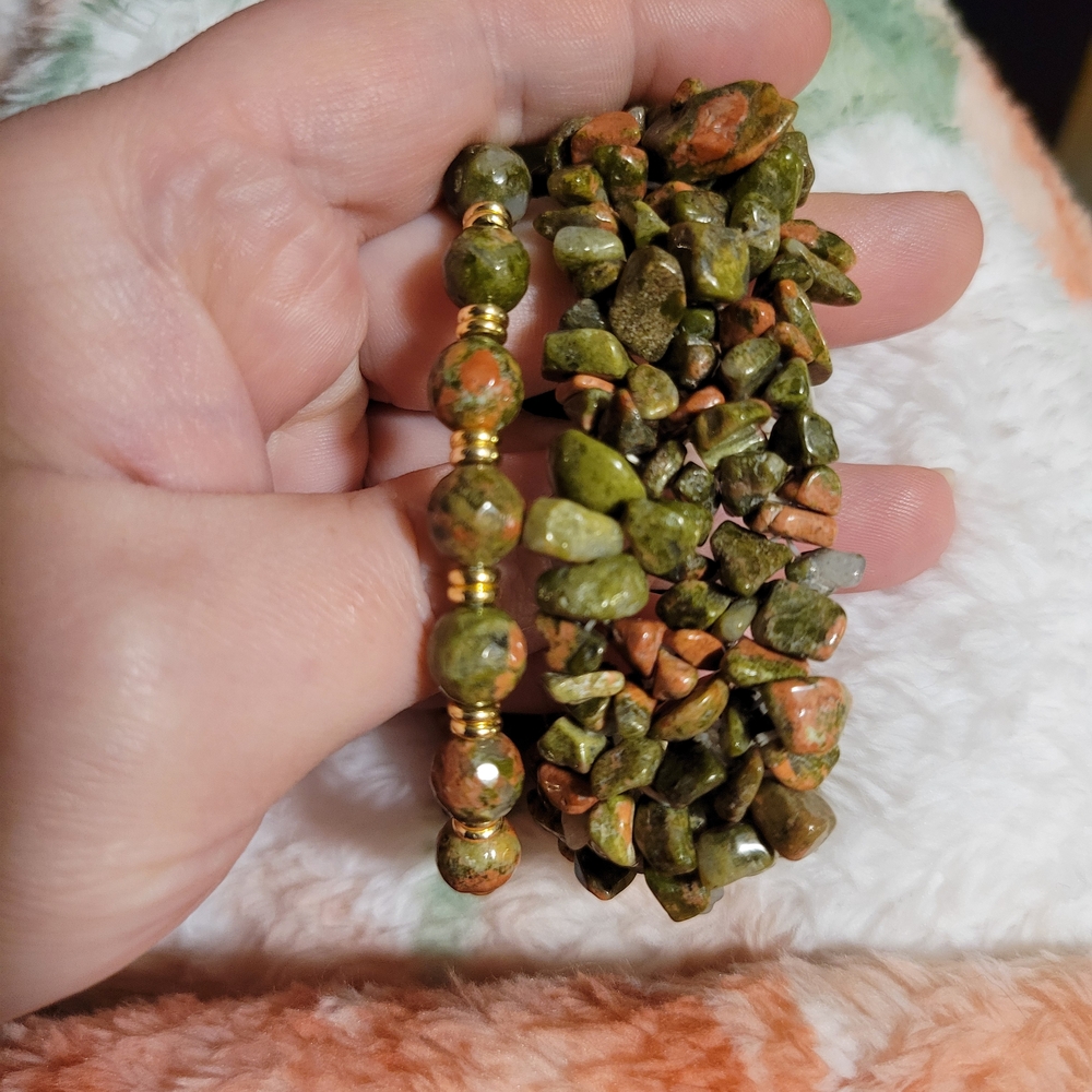 Unakite Beaded Stretch Bracelet Set (Chip And Faceted Set) You Get Both